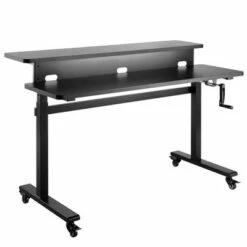 Tranzendesk Standing Desk with Dual Shelves, Front Handle, and Wheels – 55” Sit to Stand Workstation – Black – Stand Steady