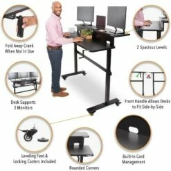Tranzendesk Standing Desk with Dual Shelves, Front Handle, and Wheels – 55” Sit to Stand Workstation – Black – Stand Steady -Outlet Desks Store unnamed file 10421