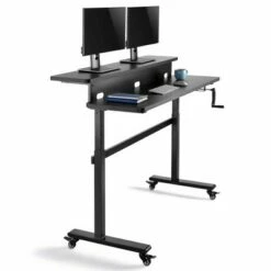 Tranzendesk Standing Desk with Dual Shelves, Front Handle, and Wheels – 55” Sit to Stand Workstation – Black – Stand Steady -Outlet Desks Store unnamed file 10423