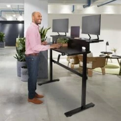 Tranzendesk Standing Desk with Dual Shelves, Front Handle, and Wheels – 55” Sit to Stand Workstation – Black – Stand Steady -Outlet Desks Store unnamed file 10424