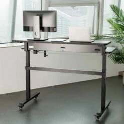 Tranzendesk Standing Desk with Dual Shelves, Front Handle, and Wheels – 55” Sit to Stand Workstation – Black – Stand Steady -Outlet Desks Store unnamed file 10427