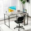 Costway 48'' Reversible L Shaped Computer Desk Home Office Table Adjustable Shelf BrownGrayNatural