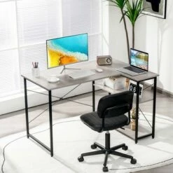 Costway 48'' Reversible L Shaped Computer Desk Home Office Table Adjustable Shelf BrownGrayNatural