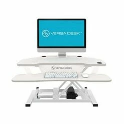 VersaDesk 36 Inch Power Pro Corner Electric Powered Ergonomic Standing Desk Converter Riser with Spacious Tiers and Mouse Tray, White