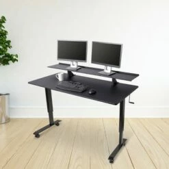 Stand Up Desk Store Two Tier Crank Adjustable Standing Desk – Provides Enhanced Ergonomics and Additional Desktop Space (60", Black Frame / Black Top)