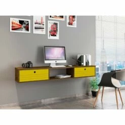 62.99" Liberty Floating Office Desk Rustic Brown/Yellow - Manhattan Comfort