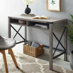Sophie Modern Farmhouse X Frame Writing Desk with Cubbies - Saracina Home Dark Walnut