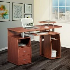 Wood Computer Desk with Drawers - Techni Mobili Mahogany