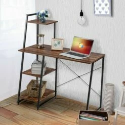 Costway Computer Desk with Shelves Study Writing Desk Workstation with Bookshelf NaturalBrown