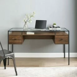 Lamvia Contemporary 2 Tier Glass Top Desk - Saracina Home Dark Walnut