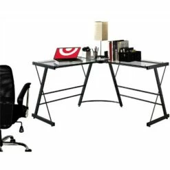 L Shaped Portland Glass Computer Desk - Room & Joy White