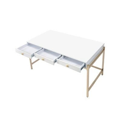 Ottey Desk White High Gloss/Gold - Acme Furniture 3 Ottey Desk White High Gloss/Gold - Acme Furniture