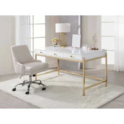 Ottey Desk White High Gloss/Gold - Acme Furniture 6 Ottey Desk White High Gloss/Gold - Acme Furniture - Image 4