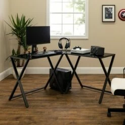 Modern Glass L Shaped Gaming Computer Desk - Saracina Home Black