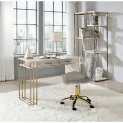 Tyeid Built-In USB Port Writing Desk Antique White/Gold - Acme Furniture