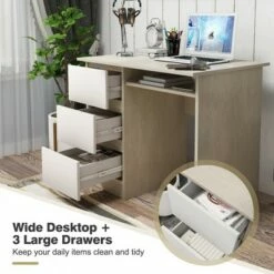 Costway 3-Drawer Computer Desk Writing Table Home Office w/Keyboard Tray WhiteOak -Outlet Desks Store unnamed file 1236