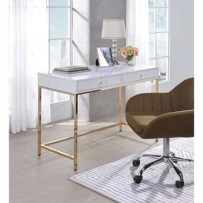 Ottey Desk White High Gloss/Gold - Acme Furniture 8 Ottey Desk White High Gloss/Gold - Acme Furniture - Image 6