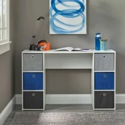 Student Writing Desk with 6 Fabric Bins - Buylateral White/blue