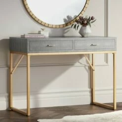 55 Downing Street Modern Wood Rectangular Desk 42" x 21" with Drawer Gray Tabletop Gold for Living Room Entryway Home House Office