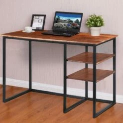 45" Tubular Metal Frame Desk with Wooden Top and 2 Side Shelves Brown/Black - The Urban Port -Outlet Desks Store unnamed file 13578