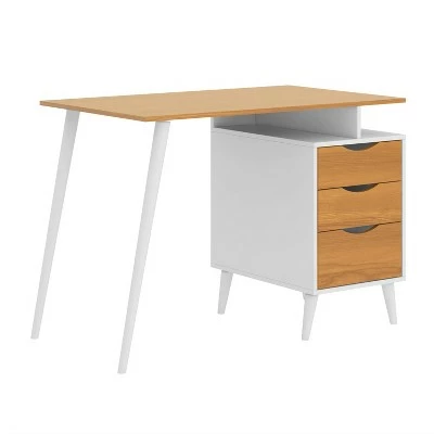 Wooden Office Computer Desk with Angled Legs and Attached File Cabinet White/Brown - The Urban Port 4 Wooden Office Computer Desk with Angled Legs and Attached File Cabinet White/Brown - The Urban Port - Image 2