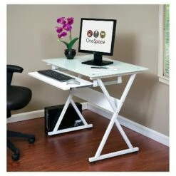 Ultramodern Glass Computer Desk, Pull-Out Keyboard, Steel Frame - OneSpace Black -Outlet Desks Store unnamed file 1367