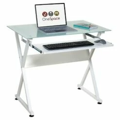 Ultramodern Glass Computer Desk, Pull-Out Keyboard, Steel Frame - OneSpace Black -Outlet Desks Store unnamed file 1370