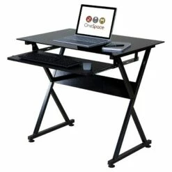 Ultramodern Glass Computer Desk, Pull-Out Keyboard, Steel Frame - OneSpace Black -Outlet Desks Store unnamed file 1371