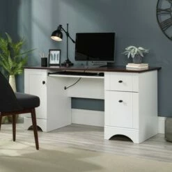 Computer Desk with Cherry Accent Top Soft White - Sauder