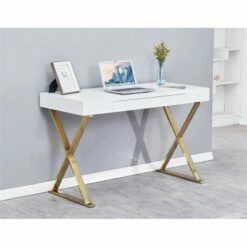 Modern Stainless Steel Frame Computer Desk - Gold High Gloss - Best Master Furniture