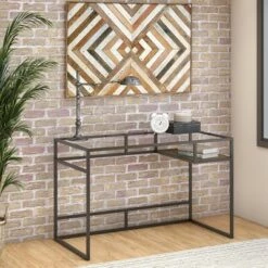 48W Anthropology Glass Top Writing Desk with Shelf Rustic Brown Embossed - Bush Furniture