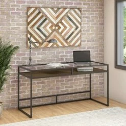 60W Anthropology Glass Top Writing Desk with Shelf Rustic Brown Embossed - Bush Furniture