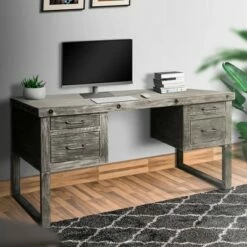 61" 4 Drawer Wooden Home Office Desk with Sled Leg Support Distressed Brown - The Urban Port -Outlet Desks Store unnamed file 14155