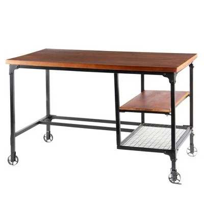 Industrial Design Wooden Desk Coffee Brown - Benzara 3 Industrial Design Wooden Desk Coffee Brown - Benzara