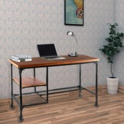 Industrial Design Wooden Desk Coffee Brown - Benzara 15 Industrial Design Wooden Desk Coffee Brown - Benzara -Outlet Desks Store unnamed file 14271