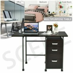 Costway Folding Computer Laptop Desk Wheeled Home Office Furniture w/3 Drawers Brown/Natural -Outlet Desks Store unnamed file 1442