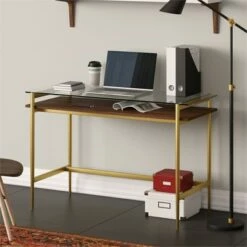 Henn& Hart 46" Brass Finish Desk with Walnut Shelf - Henn&Hart 17 Henn& Hart 46" Brass Finish Desk with Walnut Shelf - Henn&Hart -Outlet Desks Store unnamed file 14832