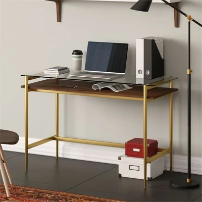Henn& Hart 46" Brass Finish Desk with Walnut Shelf - Henn&Hart 10 Henn& Hart 46" Brass Finish Desk with Walnut Shelf - Henn&Hart - Image 8