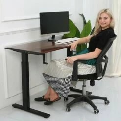 SDADI Adjustable Height Steel Frame Standing Desk, Spacious Desktop Supports Two Monitors, Steel Frame, Crank Adjust, Black Frame/Teak Top -Outlet Desks Store unnamed file 14858