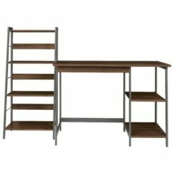 Wood and Metal Desk with Ladder Shelf Brown/Gray - Benzara