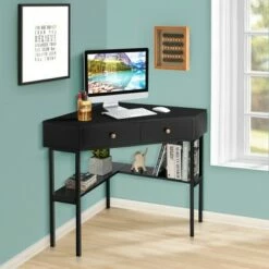 Costway Corner Computer Desk Writing Workstation Study Desk w/ 2 Drawers WhiteBlackGold