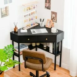 Costway Corner Computer Desk Writing Workstation Study Desk w/ 2 Drawers WhiteBlackGold -Outlet Desks Store unnamed file 1546