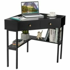 Costway Corner Computer Desk Writing Workstation Study Desk w/ 2 Drawers WhiteBlackGold -Outlet Desks Store unnamed file 1553