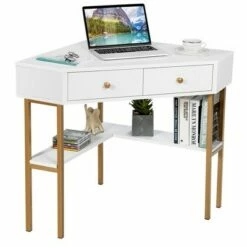 Costway Corner Computer Desk Writing Workstation Study Desk w/ 2 Drawers WhiteBlackGold -Outlet Desks Store unnamed file 1555