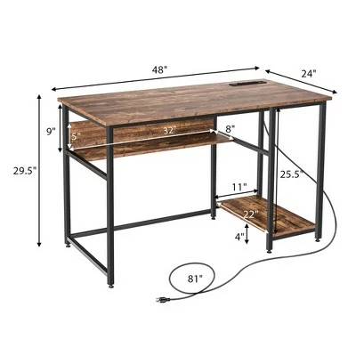 Costway 48'' Computer Desk Writing Study Table w/ Power Outlet USB Ports BlackRustic 4 Costway 48'' Computer Desk Writing Study Table w/ Power Outlet USB Ports BlackRustic - Image 2