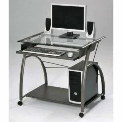 ACME Furniture Vincent Contemporary Heavy Duty Metal Home Work Office Computer Desk with Pull Out Keyboard Tray and Glass Top, Pewter