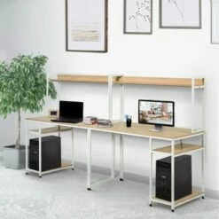 HomCom 94" Industrial Modern Double 2-Person Computer Desk with Hutch and Storage Shelves