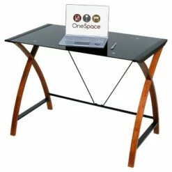 Modern Glass and Wood Computer Desk - Onespace Black/oak Brown