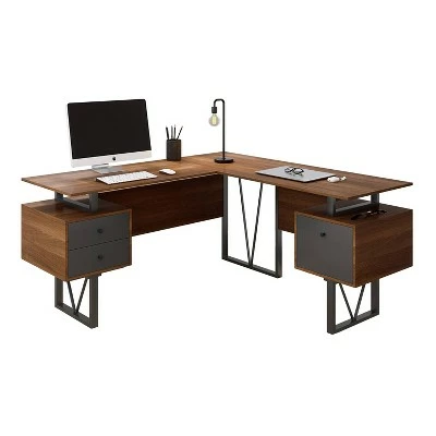 Reversible L Shaped Computer Desk with Drawers and File Cabinet Walnut - Techni Mobili 4 Reversible L Shaped Computer Desk with Drawers and File Cabinet Walnut - Techni Mobili - Image 2