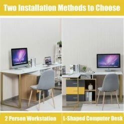 Costway 87'' Two Person Computer Desk Adjustable L-Shaped Office Desk w/Shelves & Drawers -Outlet Desks Store unnamed file 2269